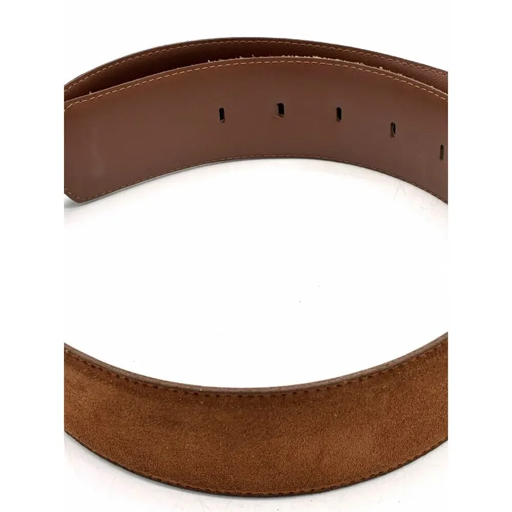 Wide Cognac Suede Belt 30-34 Inch Ornate Antiqued Brass Scroll Buckle Boho M/L